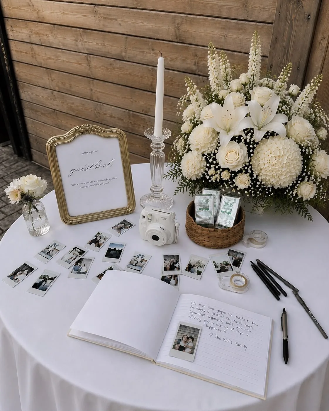 Gästebuch-Tisch mit Goldrahmen, Sofortbildern und weissen Blumen