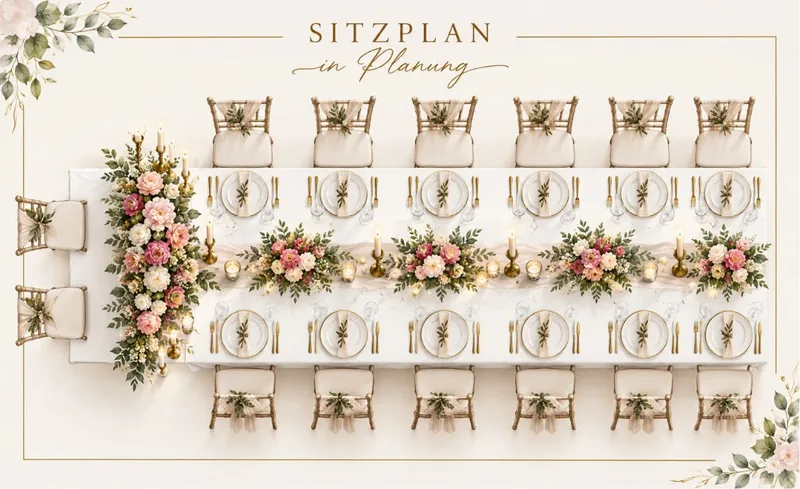 Sitzplan-Entwurf mit Tafeln und Blumen